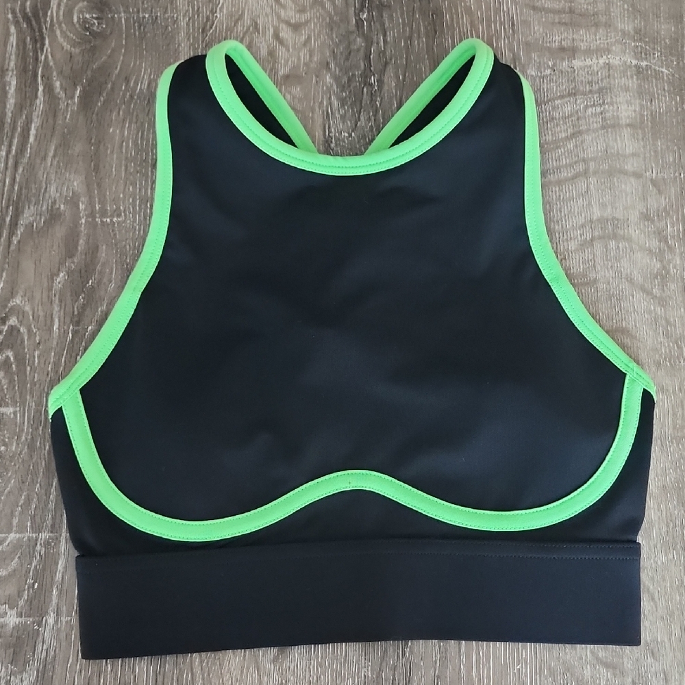 Fabletics Cross Back Blare Medium Impact Sports Bra Black Lime Twist XXS